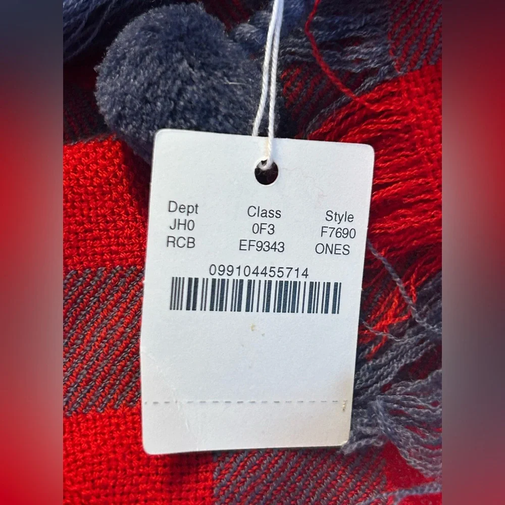 NWT J.Crew Lightweight Wool Blue Red Plaid Scarf Poms 74x27”
